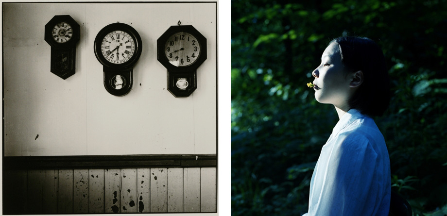 Left: Ueda Shoji, from the series Landscape Vision 1970-80. Gelatin silver print /Right: Yamamoto Ayaka, Untitled #168, Hokkaido, Japan from the series We are Made of Grass, Soil, Trees, and Flowers, 2015. Chromogenic print